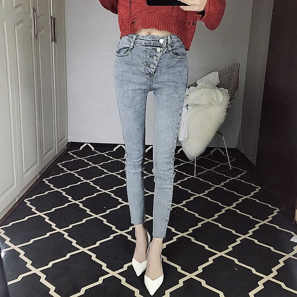 

для женщин высокой талии джинсы 2020 осень новый дизайн пряжки денима тонкий карандаш брюки ноги брюки обрезанные tide, Blue