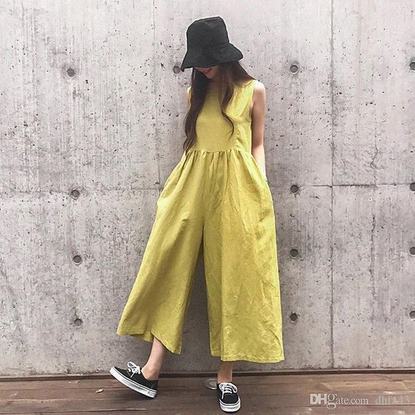 

johnature new casual japanese plus size linen sleeveless ankle-length women jumpsuits 2020 summer 3 colors pockets playsuits, Black;white