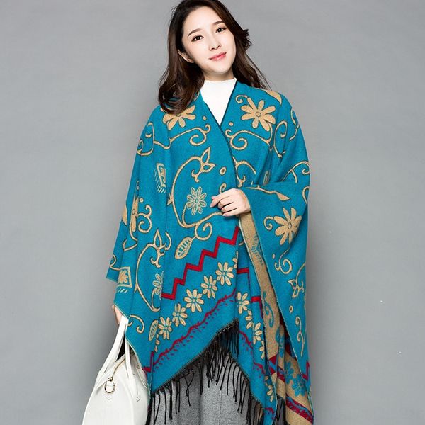 

xinjiang ethnic wool cashmere shawl dual-purpose super thick national scarf long scarf korean lady split, Blue;gray