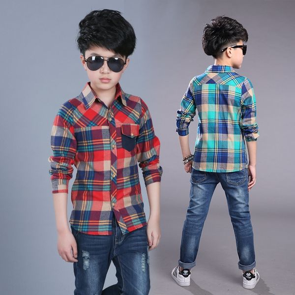 

boy's 2019 autumn new casual children's shirt medium and large children's fashionable single pocket plaid shirt, White;black