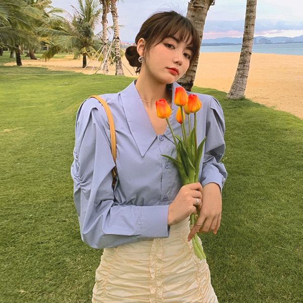 

hong kong style bubble sleeve shirt women's 2020 autumn and summer new korean style long sleeve loose all-match design shirt, White