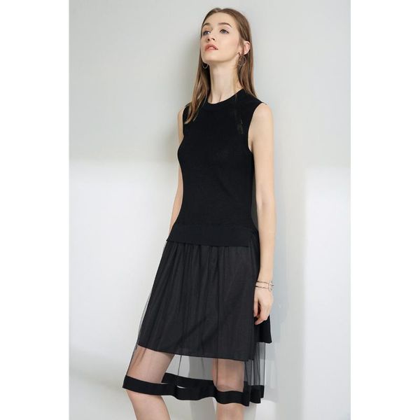 

elegant fashion office lady summer dress sleeveless o-neck mesh draped knee-length black casual dresses women, Black;gray