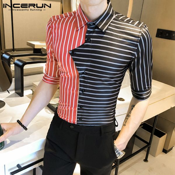 

man summer elegant blusas mens полосатый лоскутная рубашки половина рукава нагрудные бизнес блуза мода фитнес тонкий камиза plus size, White;black