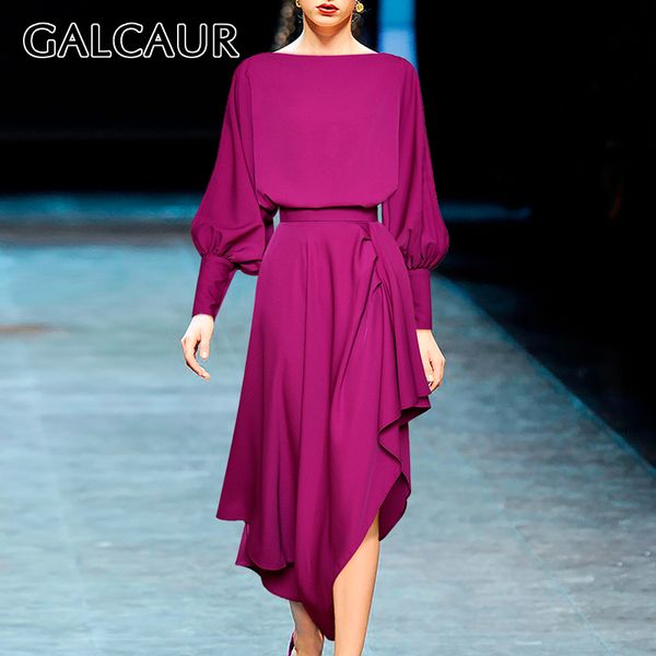 

galcaur two piece set женщин o шеи фонарь рукава рубашки высокой талией мундир рябить ruched нерегулярные юбка женские костюмы 2020 новый, White