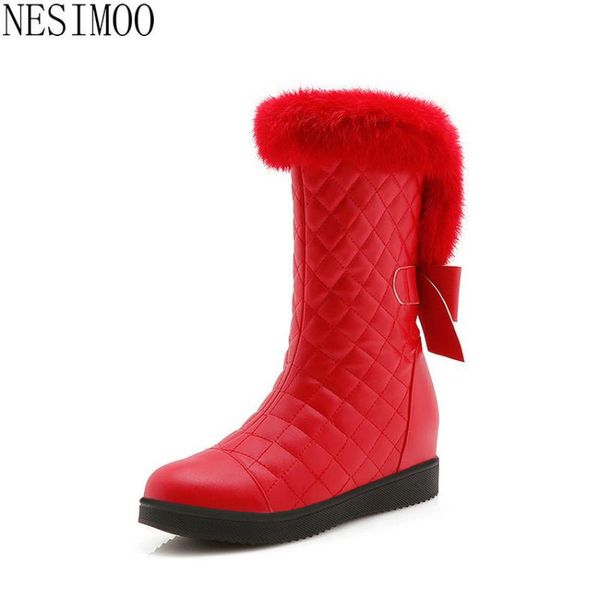 

nesimoo 2021 zipper wedges plush mid calf boots round toe keep warm winter snow boots bow-knot pu leather women shoes size 34-41, Black