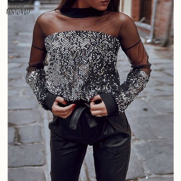 

2020 style women ladies spring summer autumn streetwear bling sequin long sleeve see through party black top, White