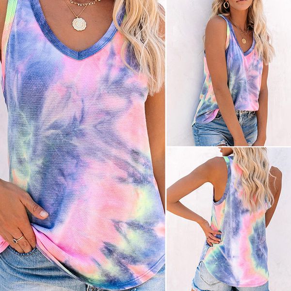 

women's summer tie-dye color printing sports home sleeveless vest top, White