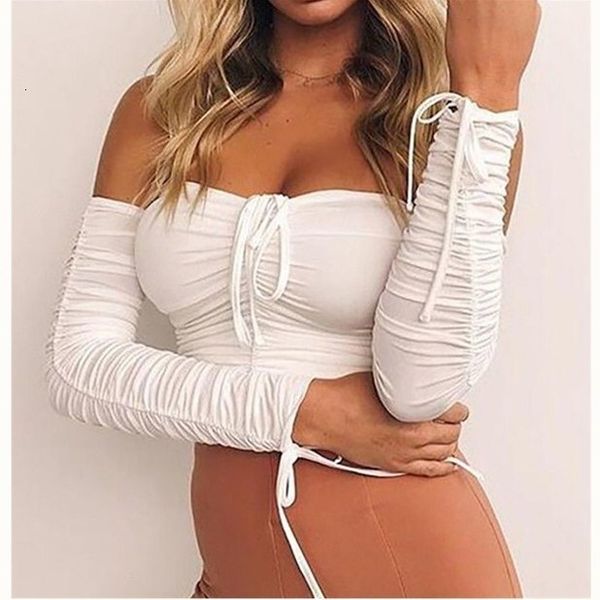 

2020 style women spring summer off shoulder crop party fashion t shirt white black solid
