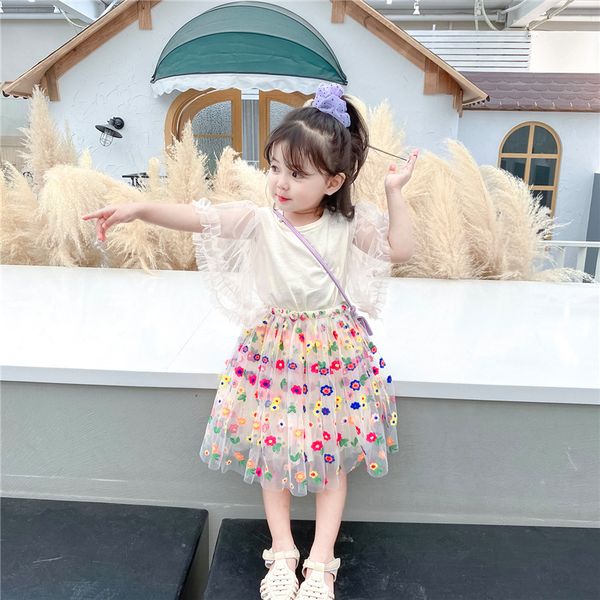 

2 piece set ruffles baby girl mesh t-shirt daisy floral embroidery skirt outfit 2 pcs tulle clothes toddler outfit clothing, White