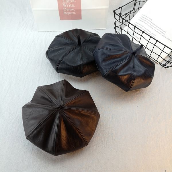 

female korean pu painter's leather web celebrity beret all-match pumpkin hat beret ins outdoor painter hat, Blue;gray