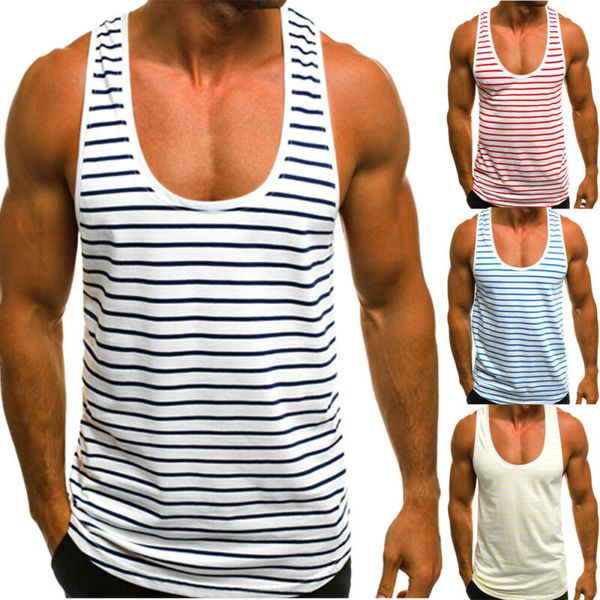 

men summer sleeveless stripe vest fitness bodybuilding gym outdoor running vest stripe tank casual top, Black;blue