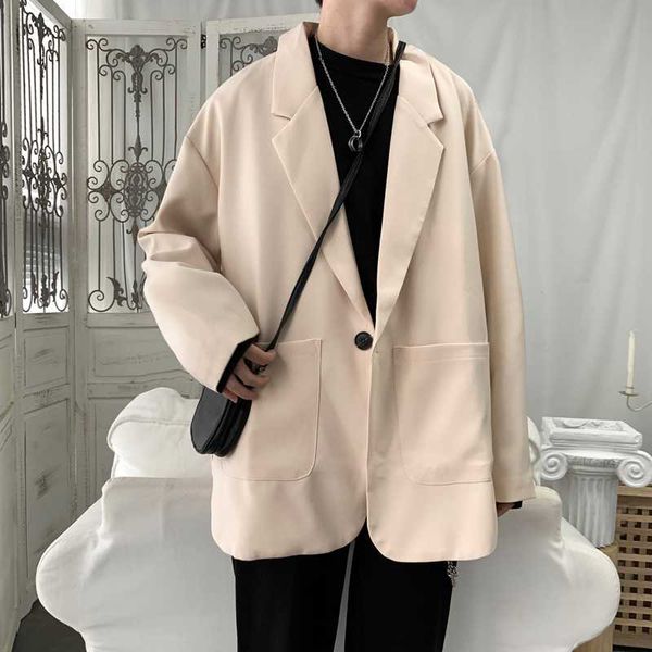 

men's suits & blazers korean style mens blazer jackets khaki black autumn suit coat single button loose pure big hiphop student cool ca, White;black