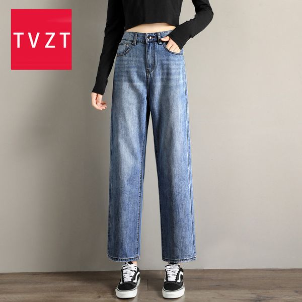 

women's jeans tvzt 2021 woman summer women solid vintage high waist wide leg denim trousers simple students plus size fashion harajuku, Blue