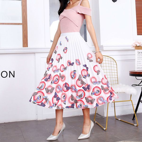 

2020 new summer skirts womens butterfly catroon print empire high waist elastci pleated midi skirt european high street style, Black