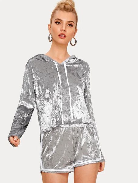 

female clothing 2020 womens designer tracksuits crew neck hooded long sleeve shorts 2pcs set fashion casual sweatshirt, Gray