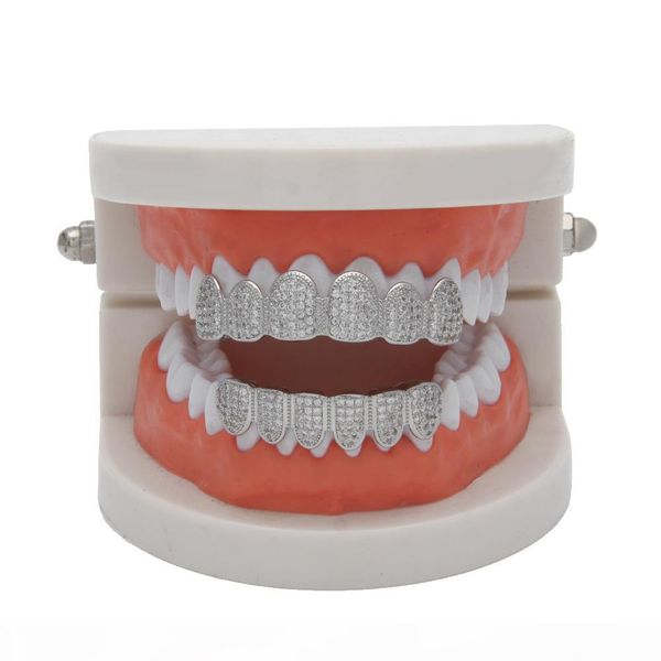 

gold color hip hop micro pave cubic zircon teeth grillz caps bottom men women vampire fangs grills set, Black