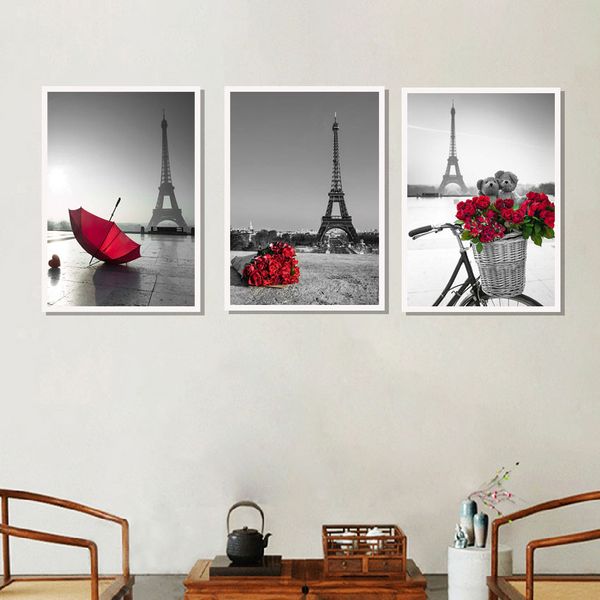 

wall art pictures eiffel tower red umbrella on paris street modern urban landscape poster canvas painting living room decor gift