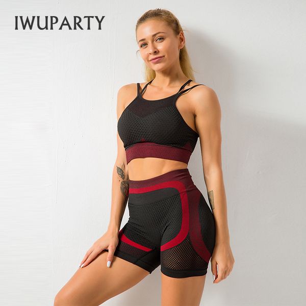 

yoga outfits iwuparty 2 piece striped seamless set hollow out bra high waist booty shorts sport workout outfit suit women sportwear, White;red