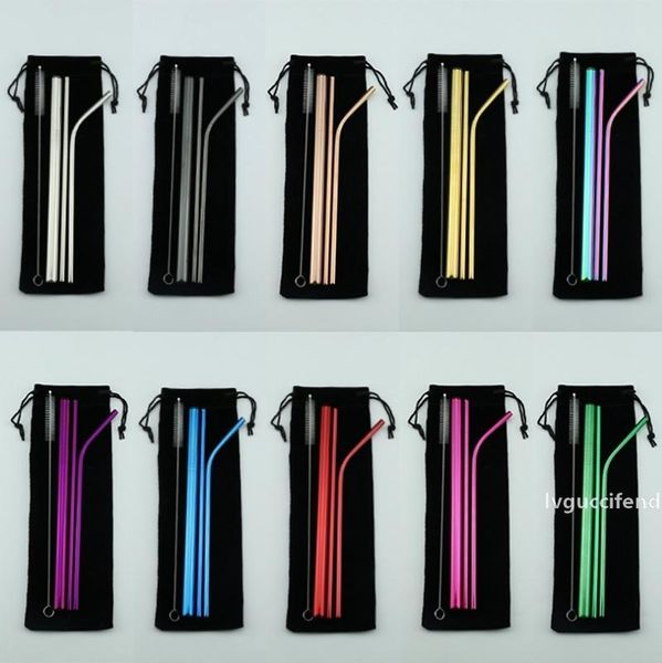 

stainless steel straw sets eco friendly reusable straws metal smoothies drinking straws set with brush bag party barware 10 colors yw4057
