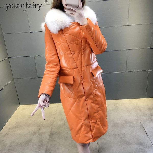 

women's leather & faux real genuine jacket women autumn winter coat female 2021 korean sheepskin down coats fur collar plus size rlg17d, Black