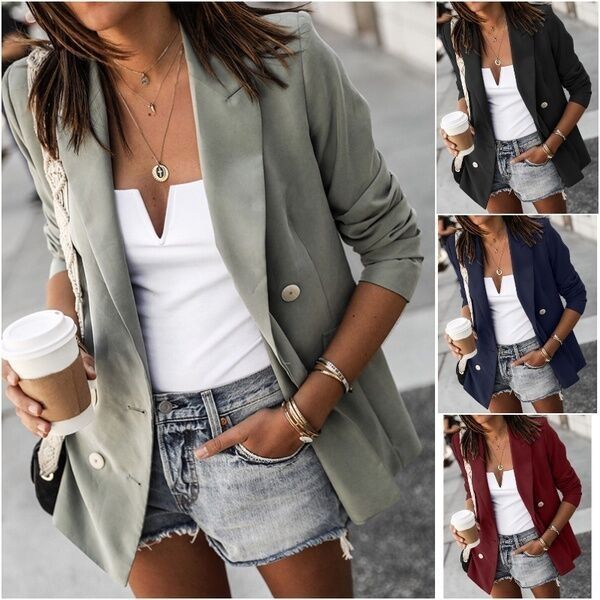 

2019 fall/winter new button jacket solid color long sleeve fashion button casual small suit jacket for women, White;black