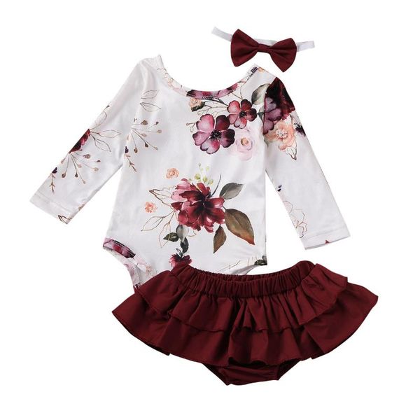 

emmababa baby girl 3 pcs одевая комплект цветочные печатается с длинным рукавом bodysuit romper + гофрированные юбки + оголовье 0-12 новорож, White