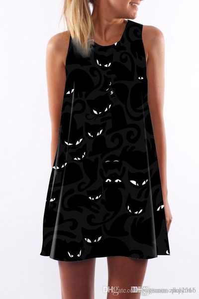 

women dress crew neck summer new style sling sleeveless hip wrap lady small black cat print skirt casual pencil dresses size s-xl, Black;gray