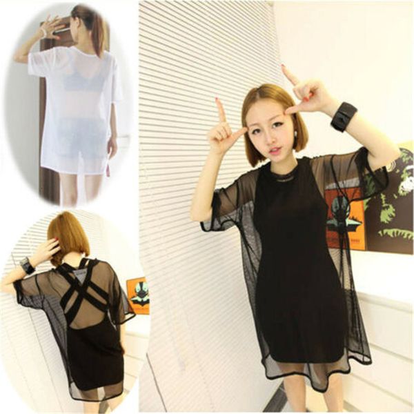 

2020 женщин девушки sexy прозрачное see through long t shirt mesh sheer tshirt черный белый с коротким рукавом с длинным, White