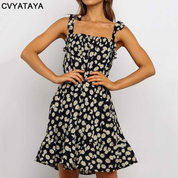 

daisy print adjustable tied shoulder summer dress women boho beach sleeveless staps sundress ruffle relaxed fit mini dresses, Black;gray