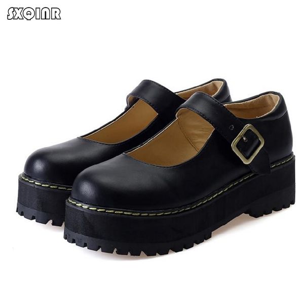

women flats shoes big size 35-42 retro college wind round buckle thick crust muffin shoes small doll leather sweet, Black