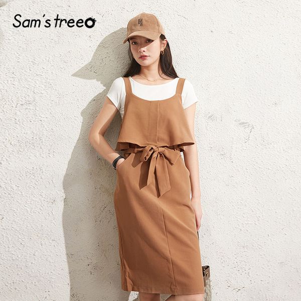 

sam's дерево браун сплошные оборки casual женщины две пьесы наборы 2020 весна новый лук узелок с коротким рукавом женский корейских matching, White