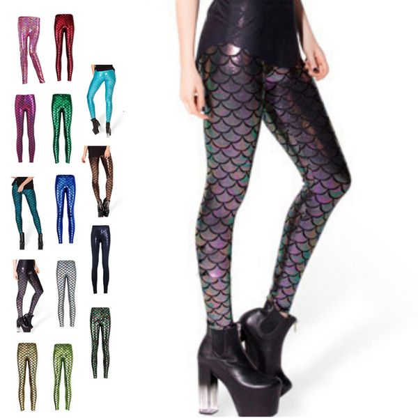 

women fish ankle length scale casual printing stretch thin shiny mermaid printing leggings pants, Black
