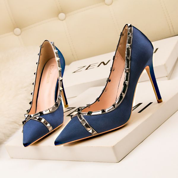 

pumps thin heels shoes wedding party women's ladies fashion rivet satin lady's heel pointed toe thin high heel shoe, Black