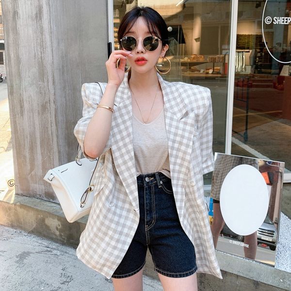 

loose thin plaid women's casual short-sleeved coat loose thin plaid suit coat women's casual short-sleeved suit top, White;black