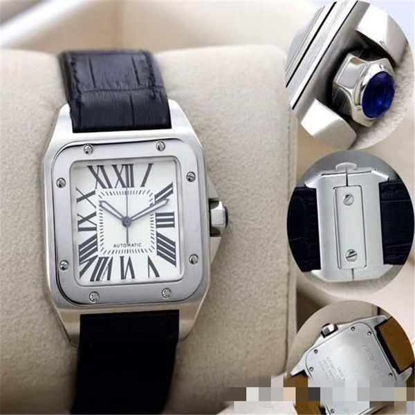 

new sports mens watch 100 xl black men's automatic mechanical men watches date 40mm leather strap wristwatches, Slivery;brown