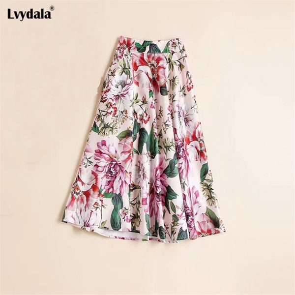 

lvydala summer runway trends fashion women's flower print noble knee length skirt females boutique sicily vocation skirt, Black