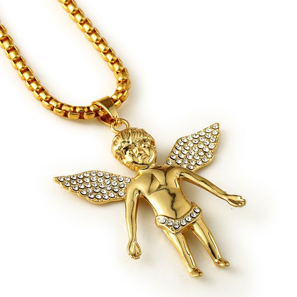 

fashion hip hop gold men charm winged angel pendants for necklaces 18k gold plated jewelry long chain punk rock micro mens, Silver