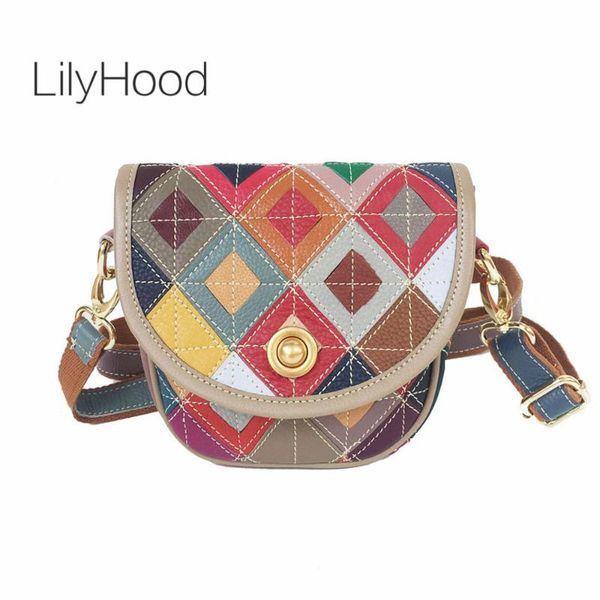 

multi-color cow leather small saddle handbag women genuine leather vintage diamond patchwork with thread small messenger bag