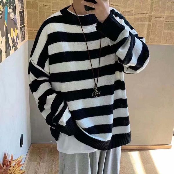 

men striped casual knitted sweater men's korean collage autumn pullover male o-neck oversize sweater fashions, White;black