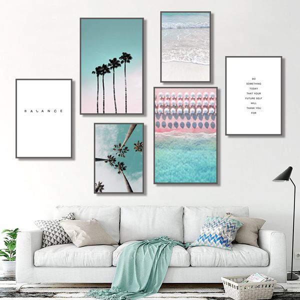 

coconut palm tree pink beach sea umbrella wall art canvas painting nordic posters and prints wall pictures for living room decor