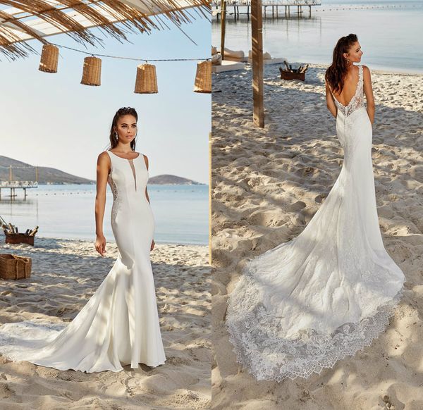 

eddy k mermaid wedding dresses sheer neck lace appliques bridal gowns beach sweep train backless wedding dress, White