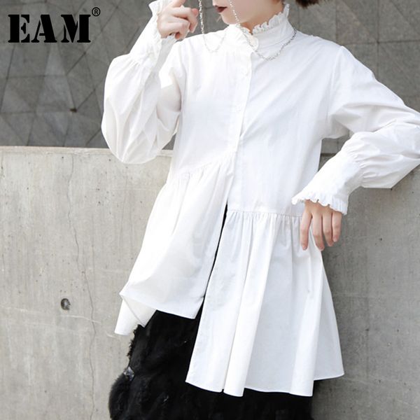 

eam] 2020 spring woman new solid white color long sleeve stand collar single breasted pleated irregular loose shirt li219