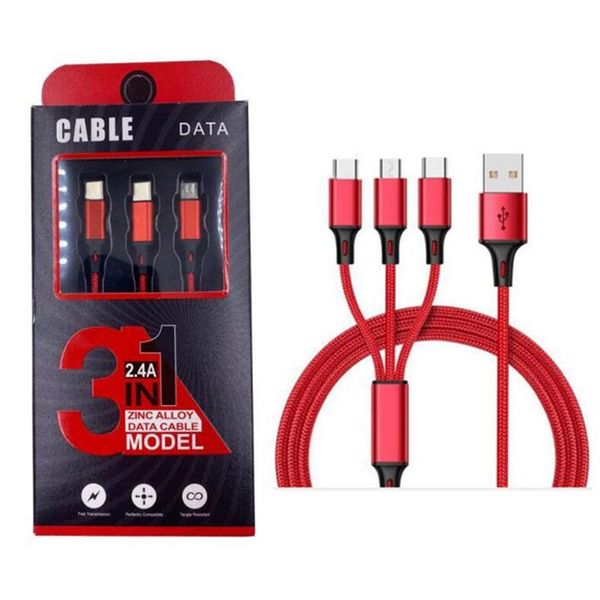 

1.2m 3a cable 3 in 1 for micro usb type c fast charging cable nylon braided high speed charger cable with package box for samsung lg
