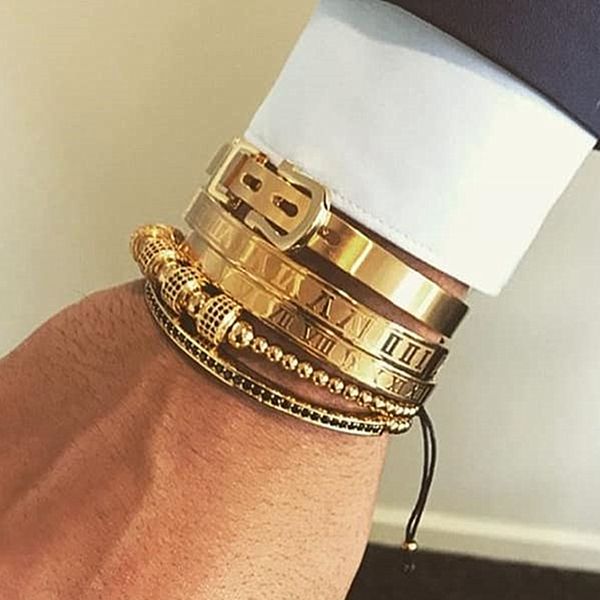 

4pcs/set men titanium steel roman numeral bracelet horseshoe buckle bangles pulseira bileklik luxury jewelry cx200724, Golden;silver