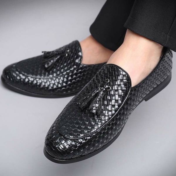 

mens driving loafers casual dress formal oxford leather shoes business tassels slip on weaved 3colors plus size 38-48, Black