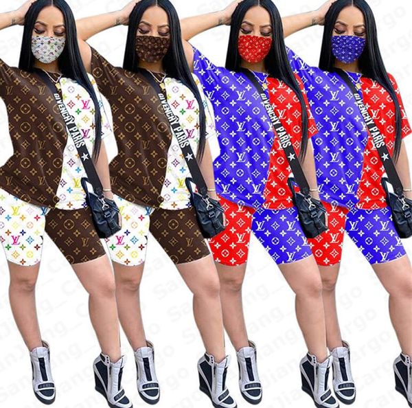 

women t-shirt + shorts + mask 3 pieces tracksuit sets fashion letters printed short sleeves pullover tshirt short pants sportswear e51302, White