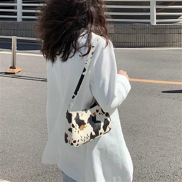 

vintage pu leather milk cow print women baguette handbag fashion design ladies shoulder crossbody bags retro female clutch purse