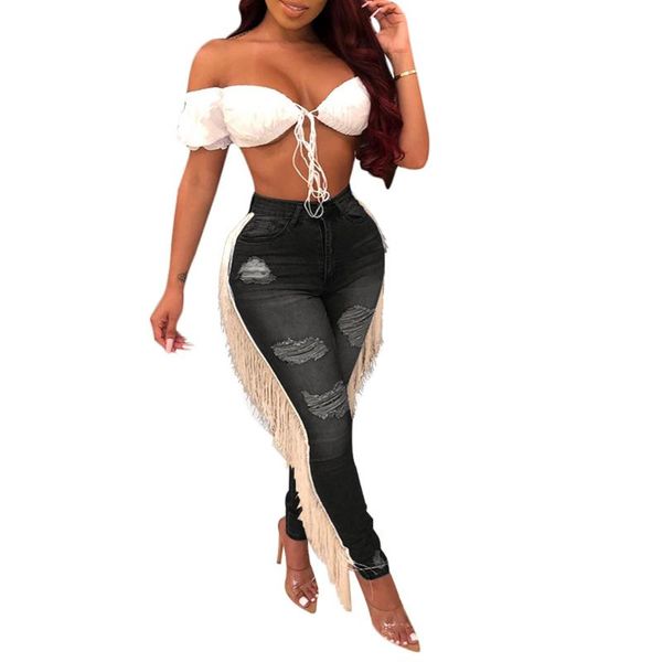 

casual tassel jeans for women 2020 summer autumn hole ripped denim pants ladies streetwear skinny pencil pants mujer d30, Blue