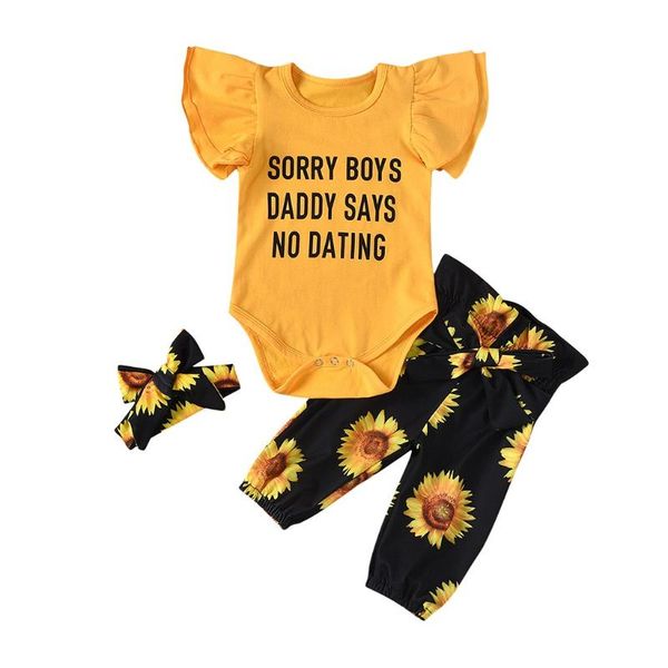 

baby flying sleeve letter printed robe + sunflower printed pants + hairband set sorry boys sleeveless letter s4, White