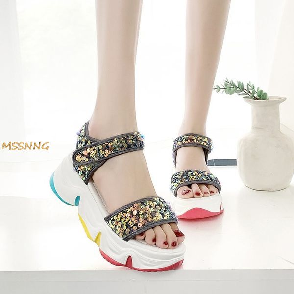 

2020 new fashion women sandals summer personality sequin upper convenient rainbow thick bottom casual women sandals, Black